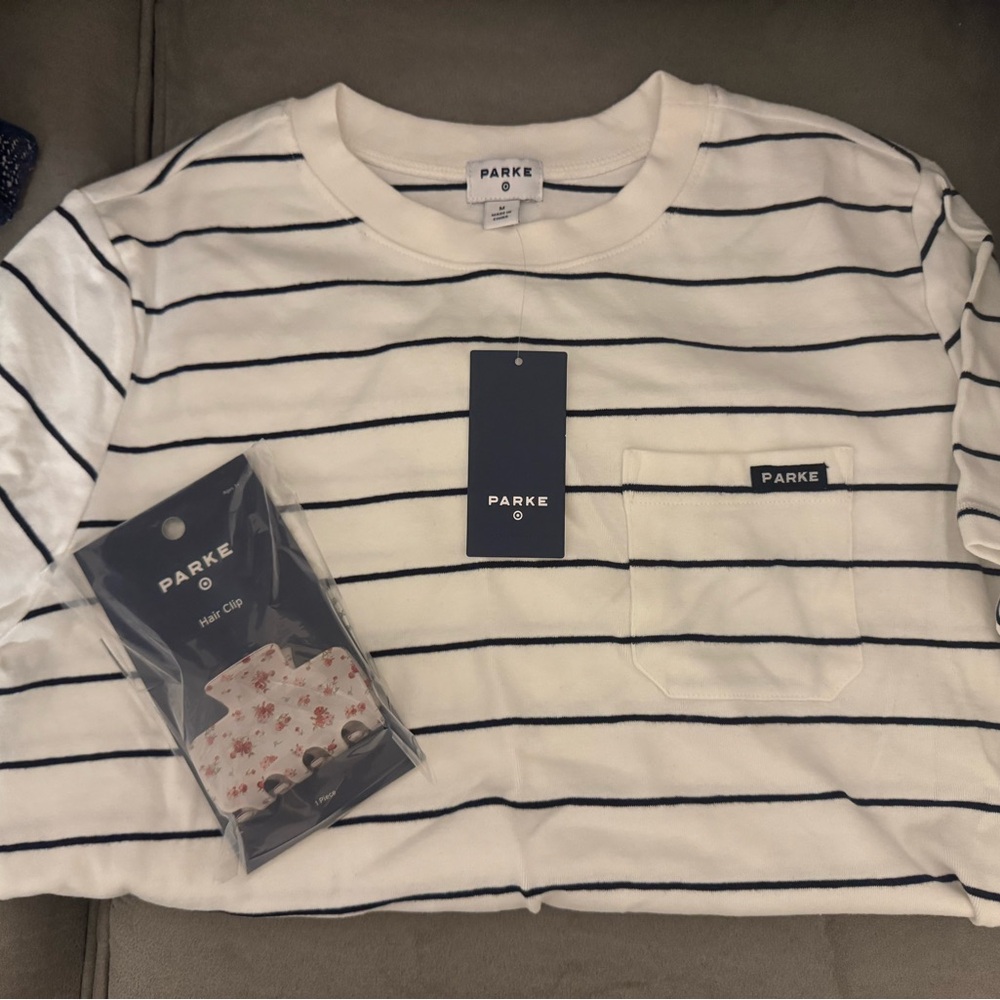New Parke x Target navy and white striped tee and floral hair clip